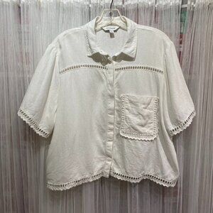 Calligraphie Linen Blend Boxy Button Down Shirt Size Large White Beachy